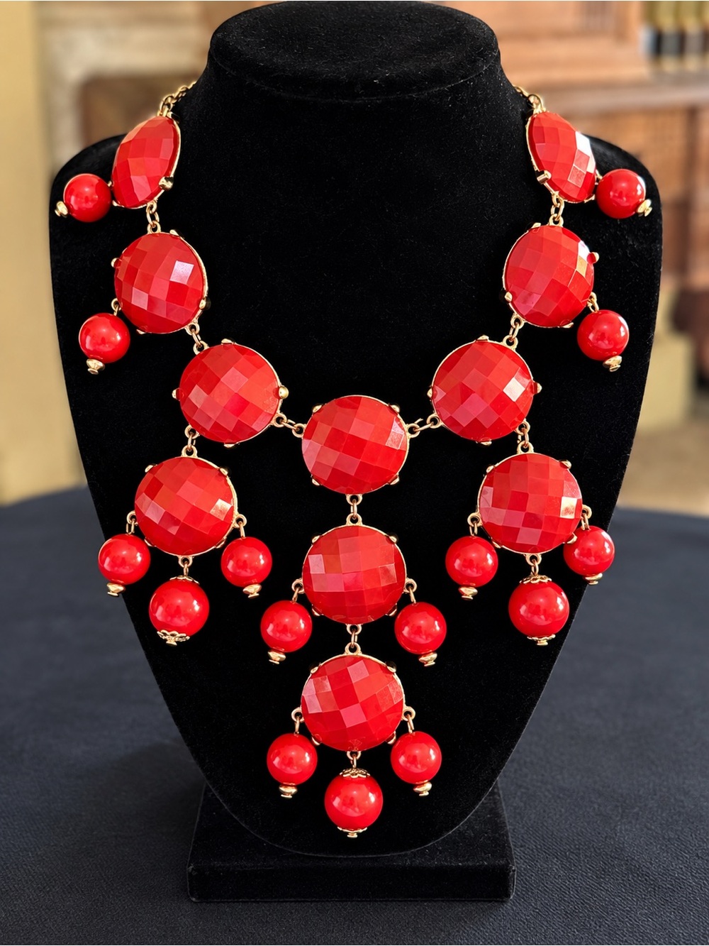 Red Faceted Statement Bib Necklace Gold Tone